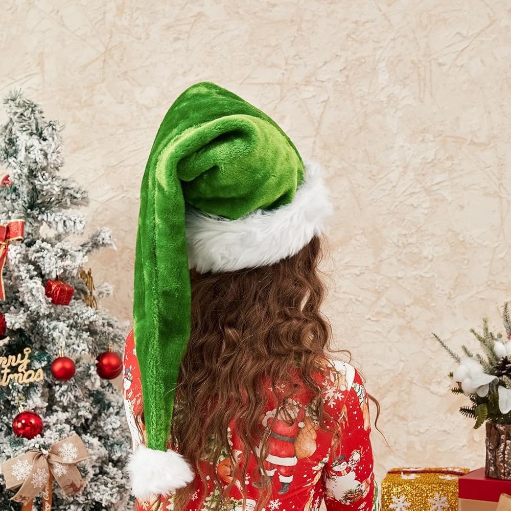 One 32” Inch Long Green Christmas‎ Santa Hat Plush Long Christmas Hat